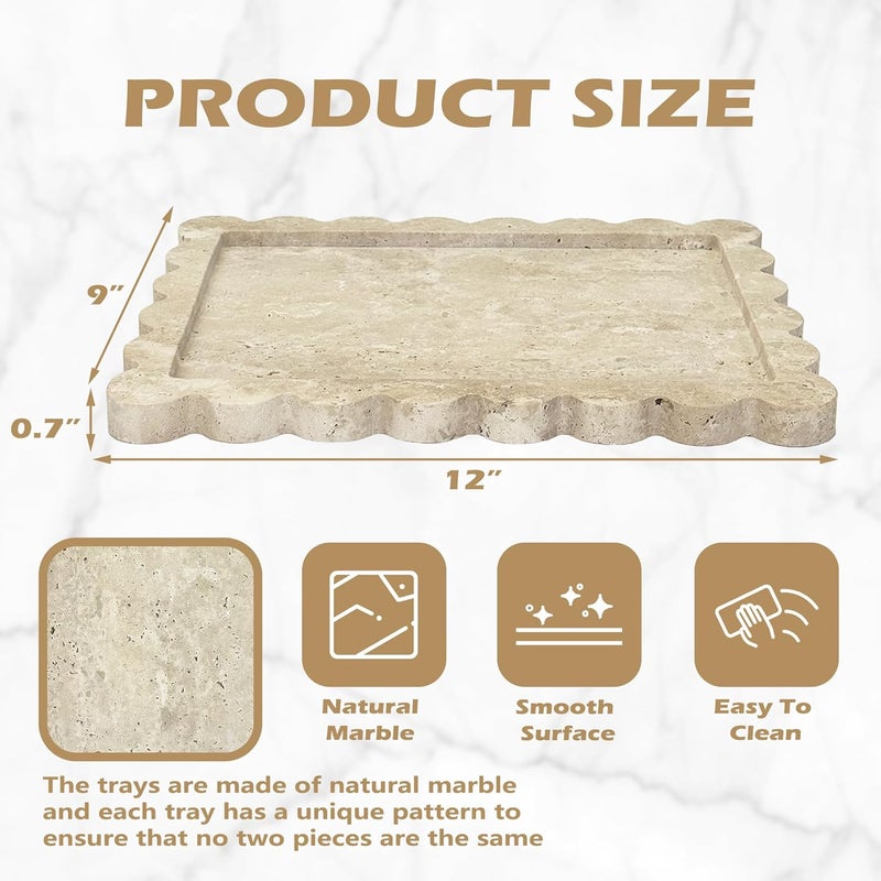 PROLEE Scalloped Marble Tray,Marble Vanity Trays for Bathroom 12" x 9", Scalloped Tray,Wave Appearance Jewelry Home Decor Stone Trays for Kitchen Counter, Bathroom, Beige Travertine - Image 3